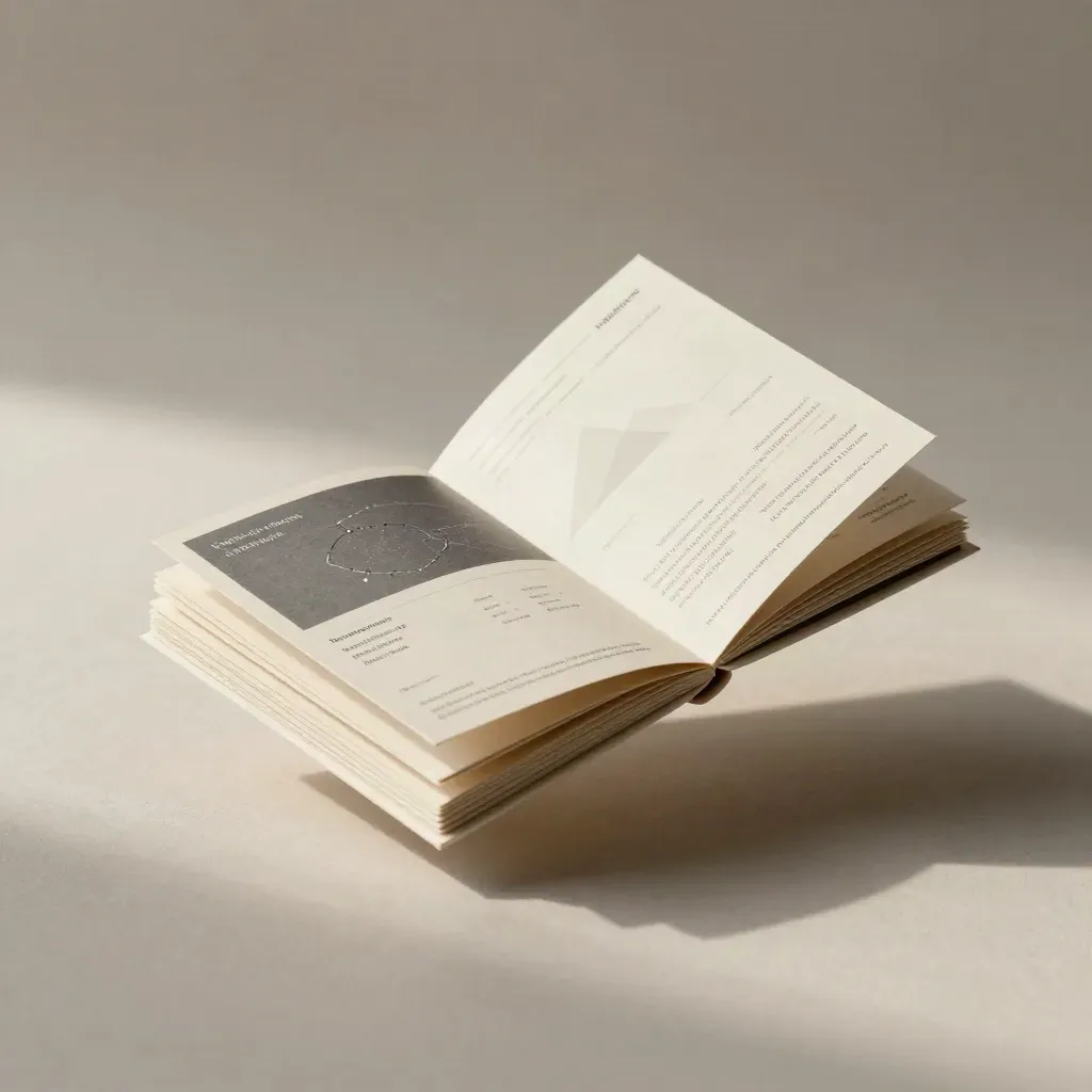 Floating cream strategy deck with folded map and graphite divider on pale plaster