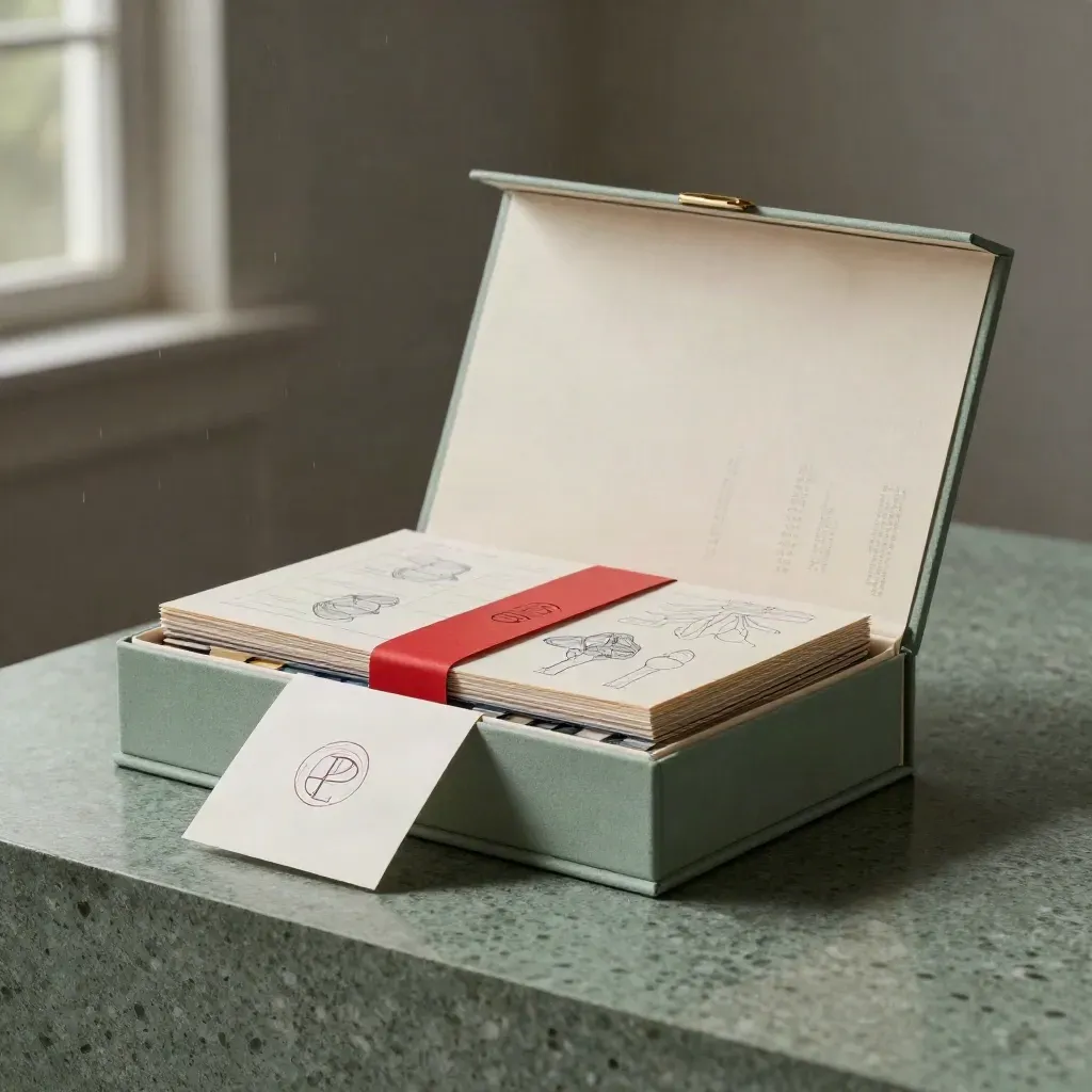 Open brand strategy kit with colour chips, sketch cards and launch sheets on a travertine plinth.