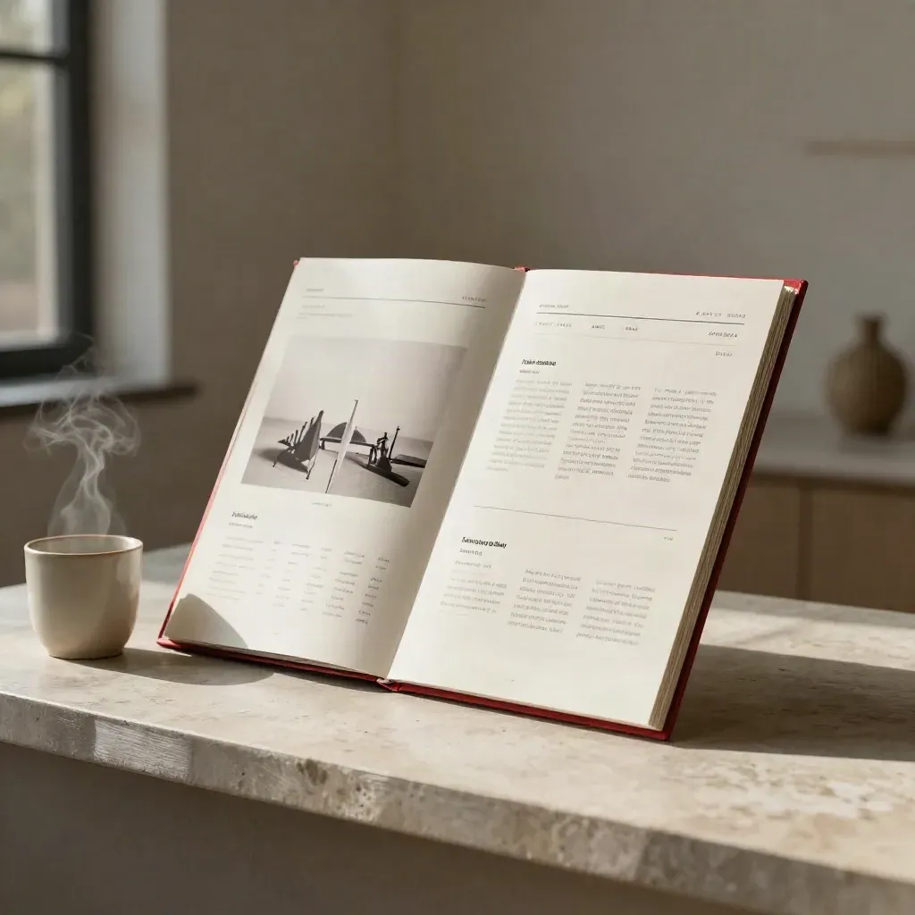 Storyboard folder, homepage mockup board, wireframe slabs and steaming cup on a stone ledge.