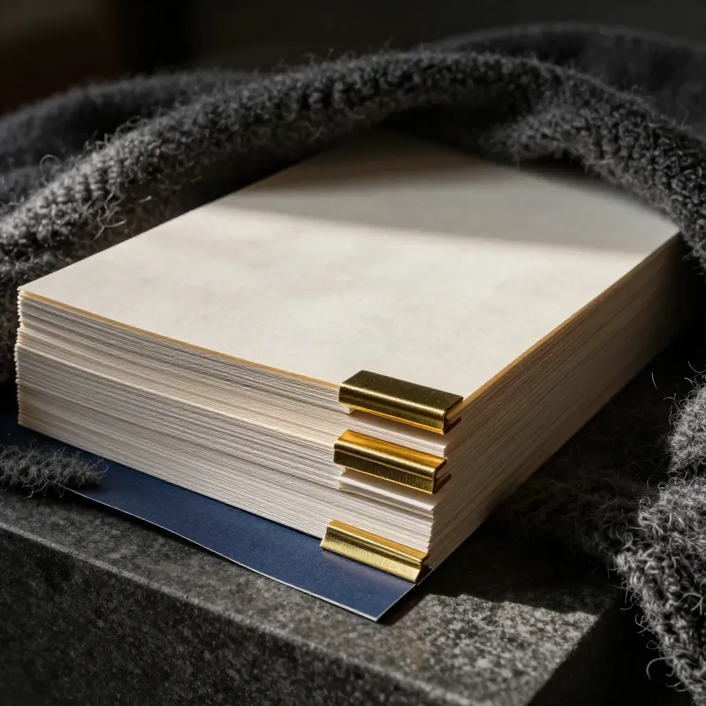 Charcoal wool cradling thick uncoated identity sheets with brass clips and a folded navy proof.