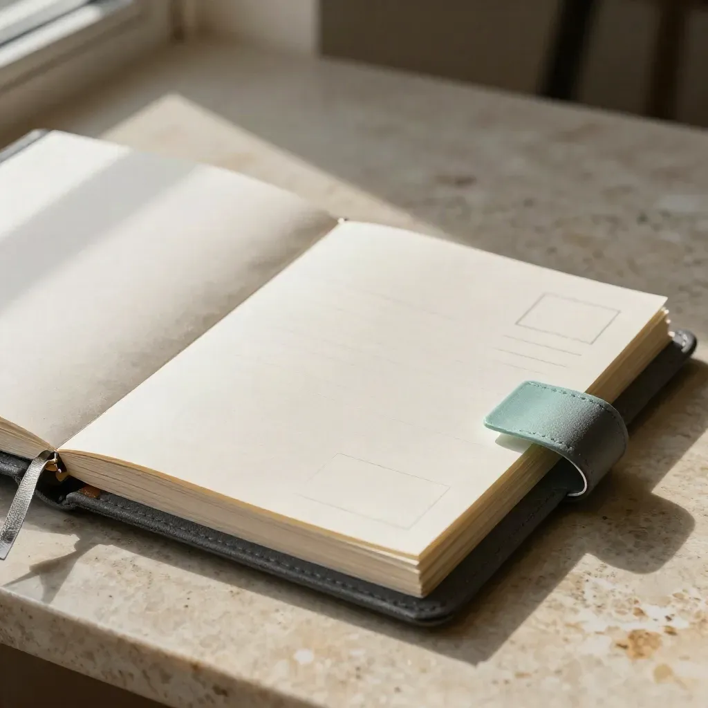 Seafoam-tabbed content binder with blank cards and clipped inserts on limestone.