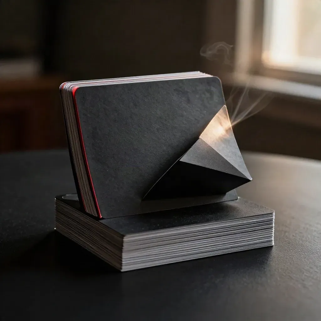 Dark ad-launch case with layered cards, tab stack, and a red accent in moody studio light.