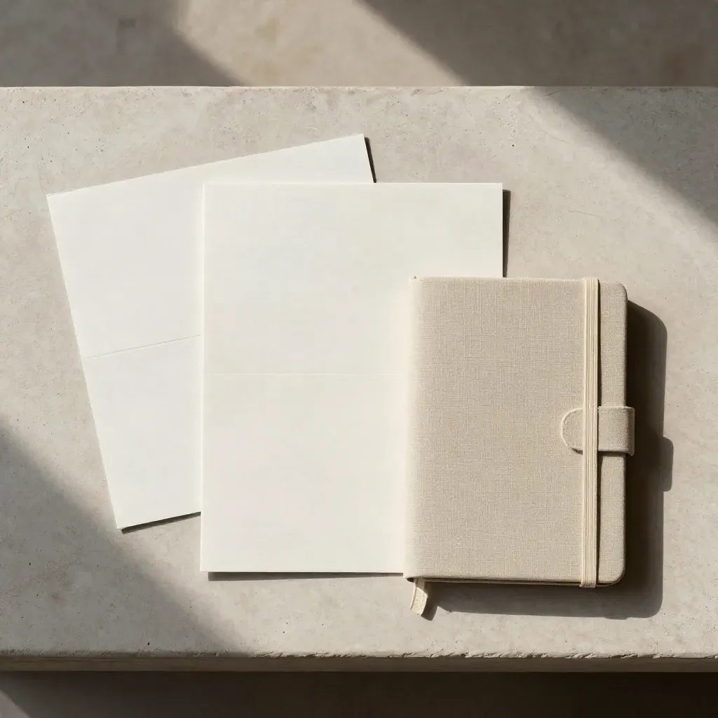 Overhead flatlay of copy cards, folded sheet, and closed notebook on warm concrete.