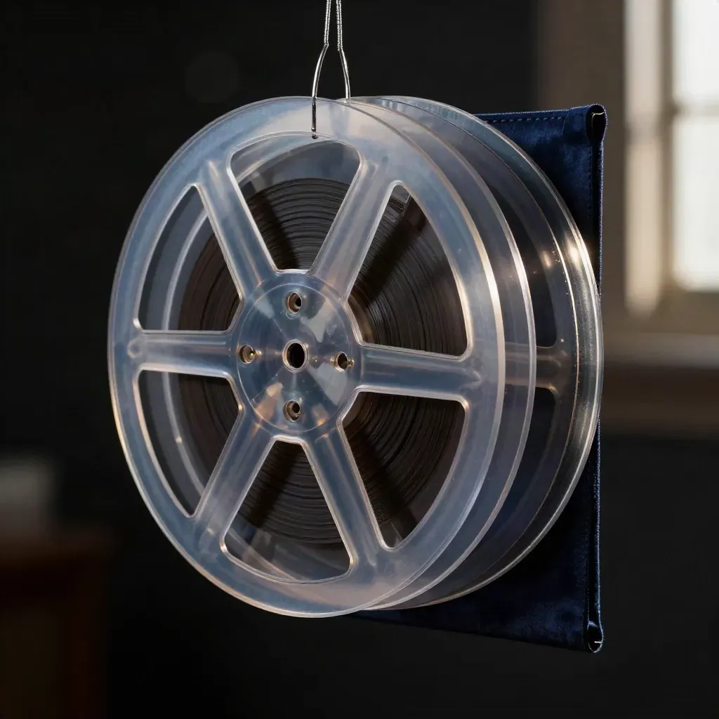 Translucent acetate reel stack and clip case glowing in dark macro light