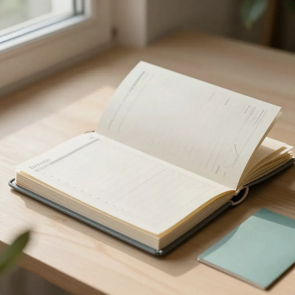 Retainers folder, rolled schedule sheet and open envelope on pale wood beside a blurred plant stem
