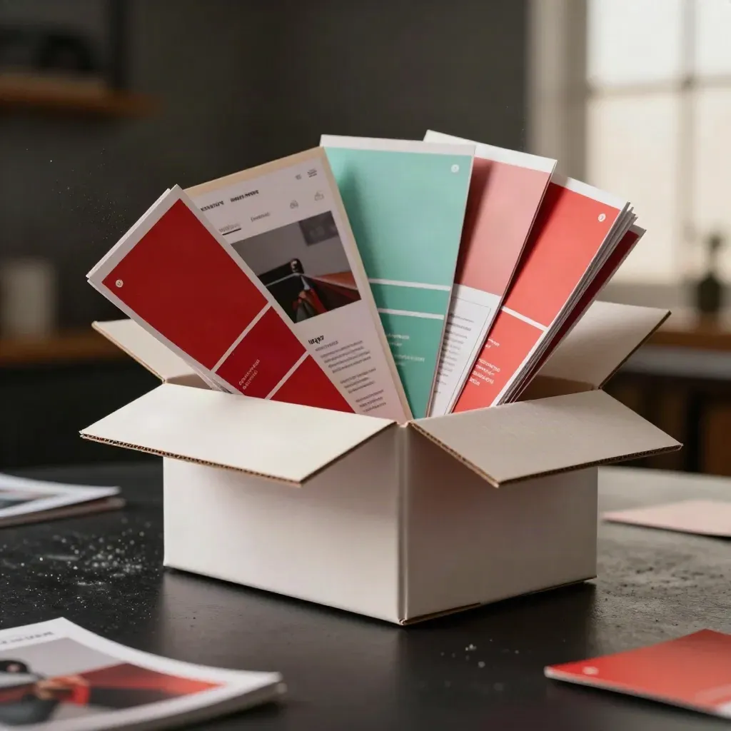 Open brand refresh bundle box with swatches and mockups on a dark studio surface.
