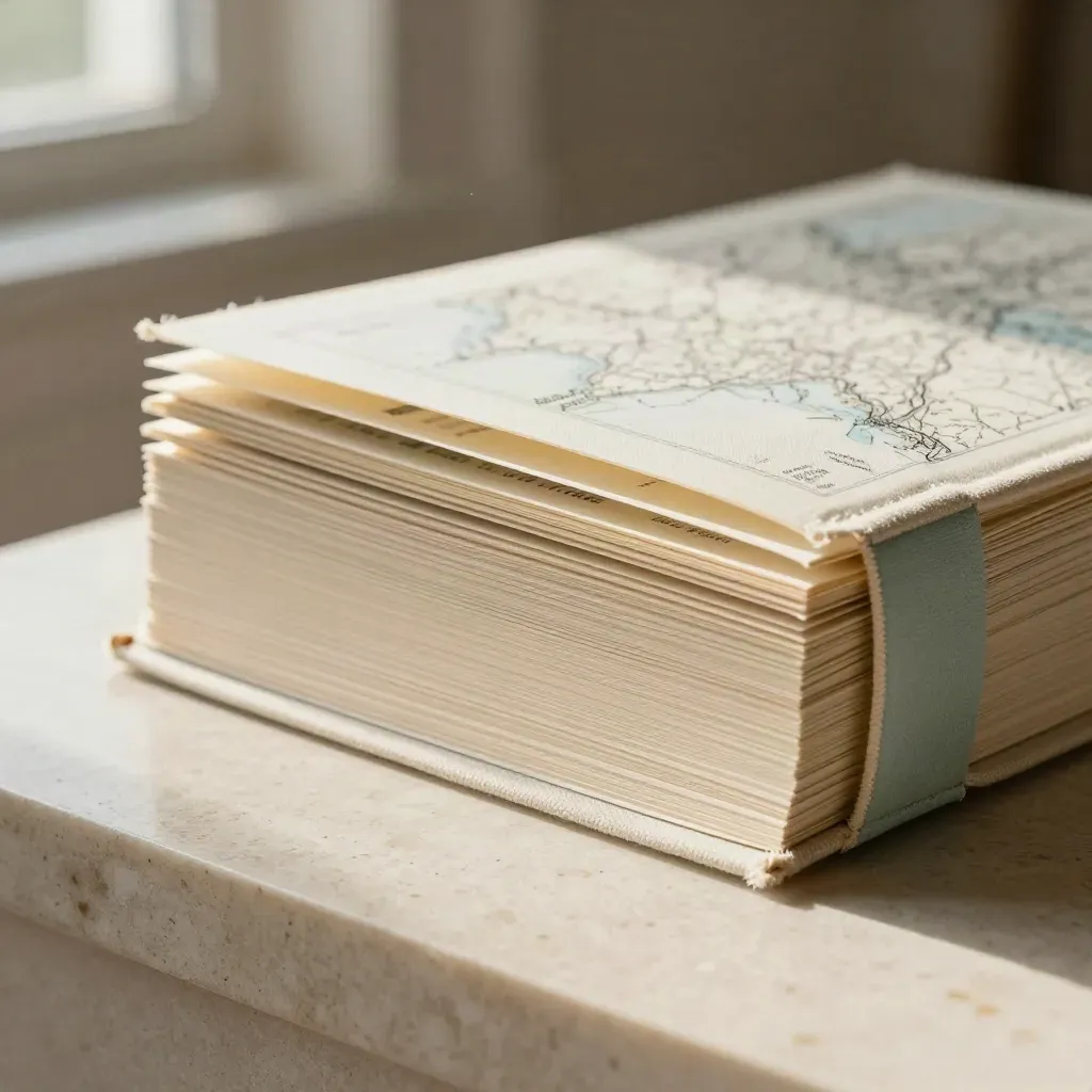 Pale linen SEO folio with layered cards and a seafoam accent on travertine.