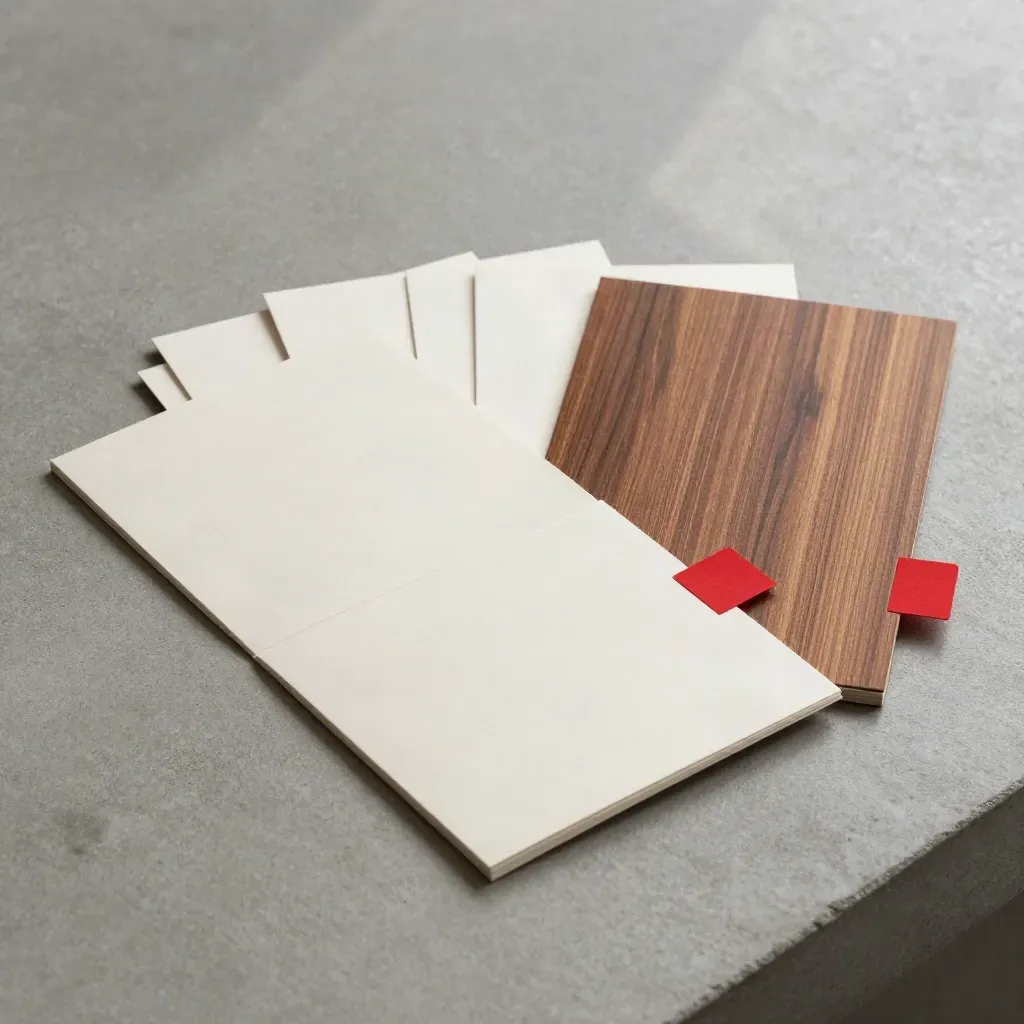 Overhead folio of sales copy cards with red accent on concrete, tightly fanned and clean.