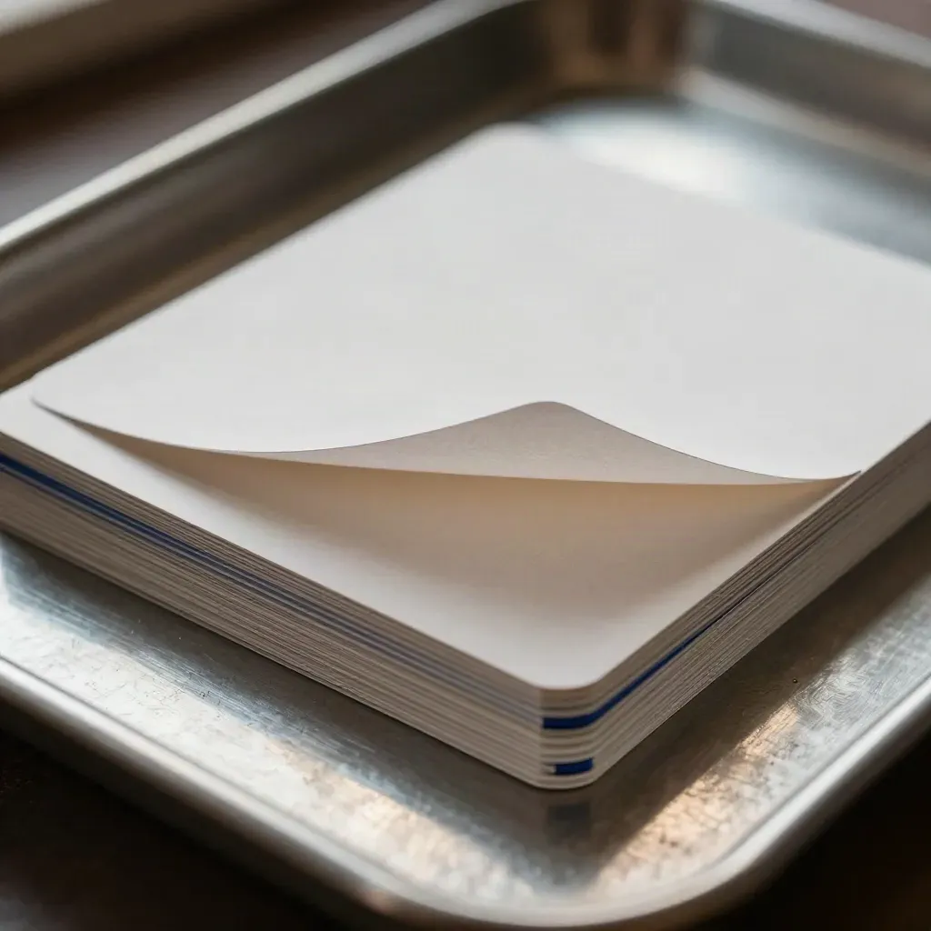 Stacked clipped-corner ad cards with a translucent overlay on a brushed metal tray, seen in extreme macro.
