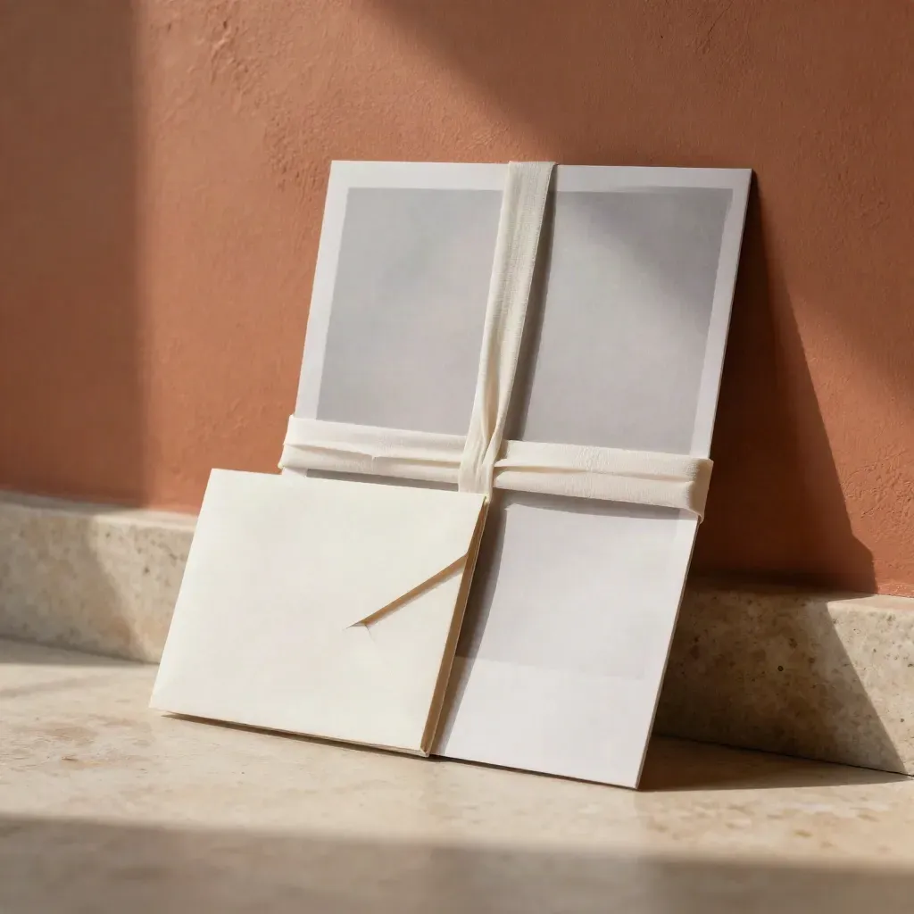 Promo kit bundle leaning on plaster wall beside a pedestal, softly lit and atmospheric.