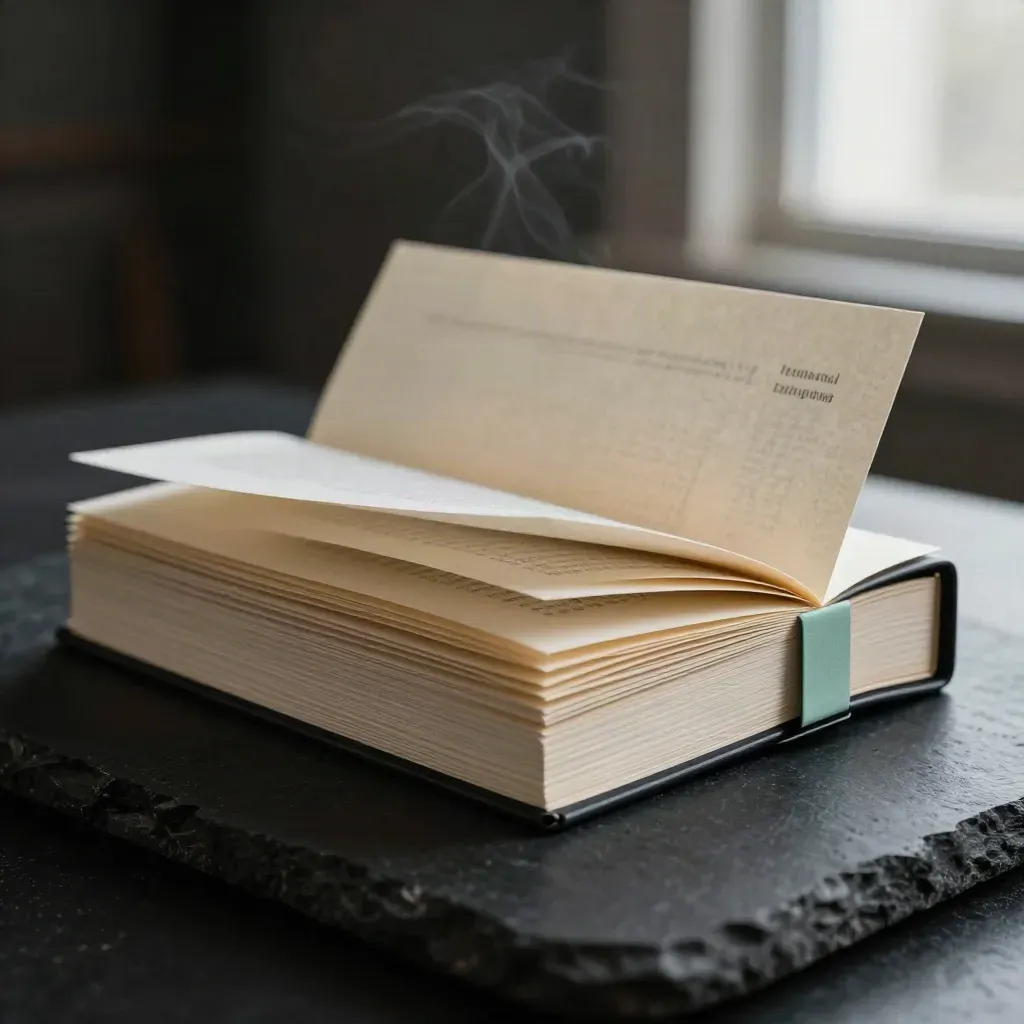 Layered rewrite folio on matte black with curling pages, clip, spine, and seafoam accent.