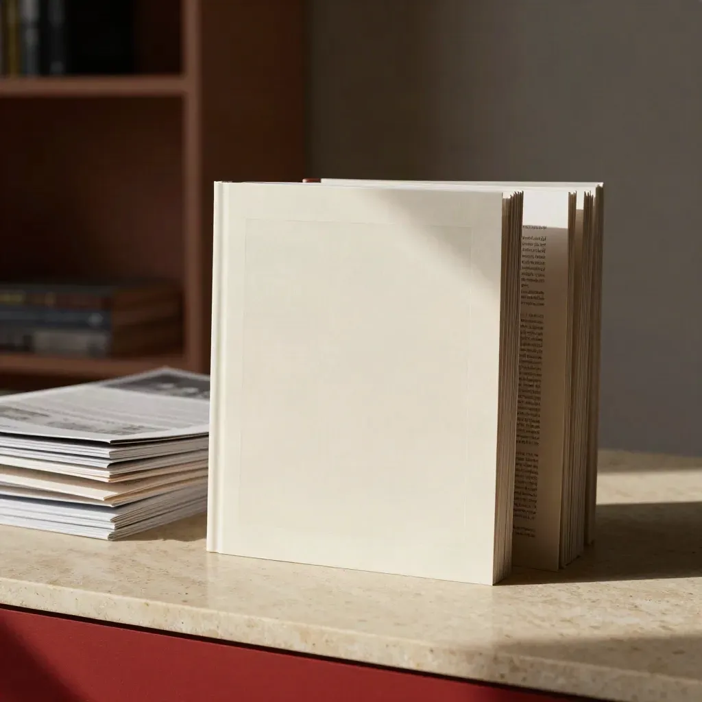 Premium case-study dossier with blank tiles and a proof booklet on limestone.