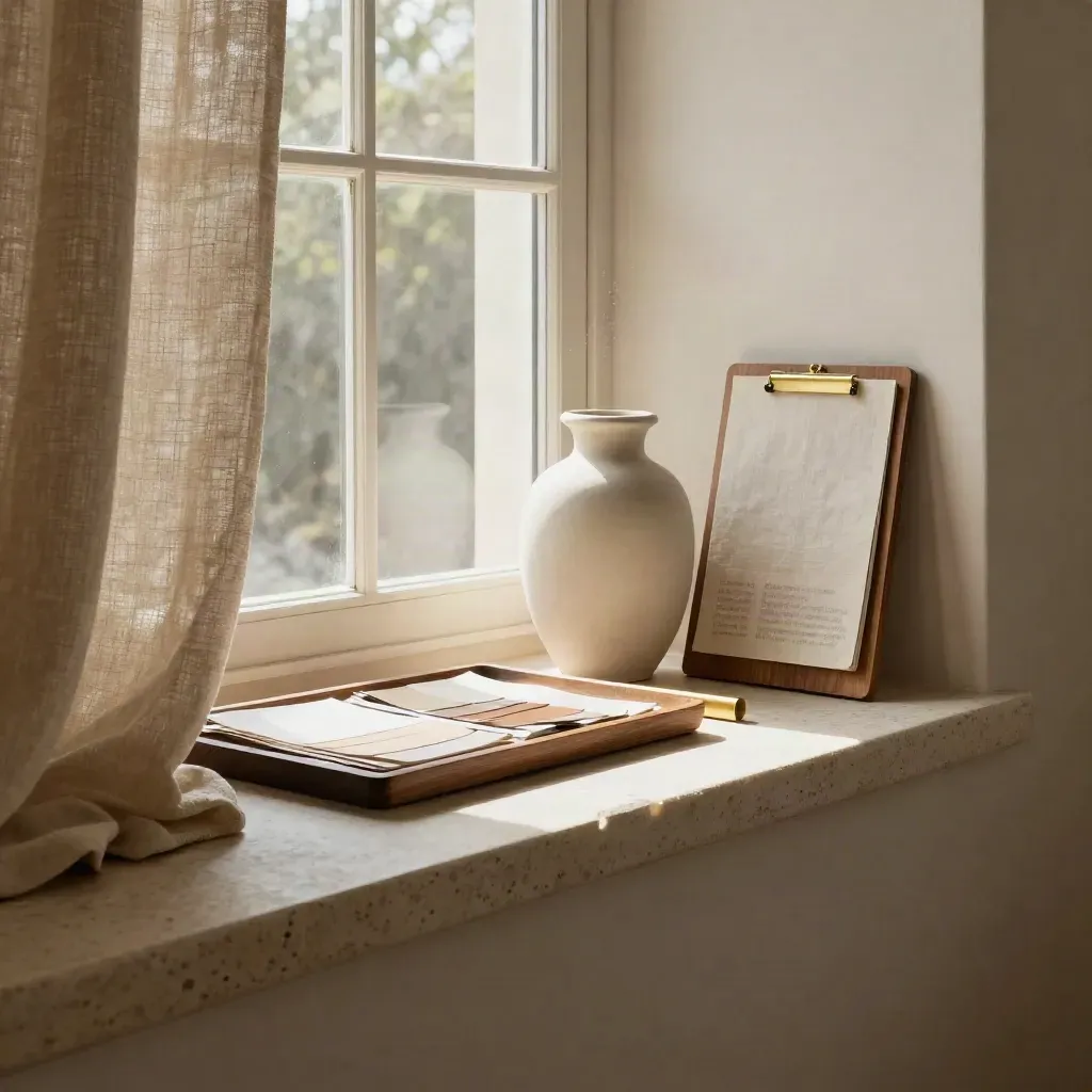 Travertine ledge with linen curtain, cream vase, walnut tray and soft brass light.