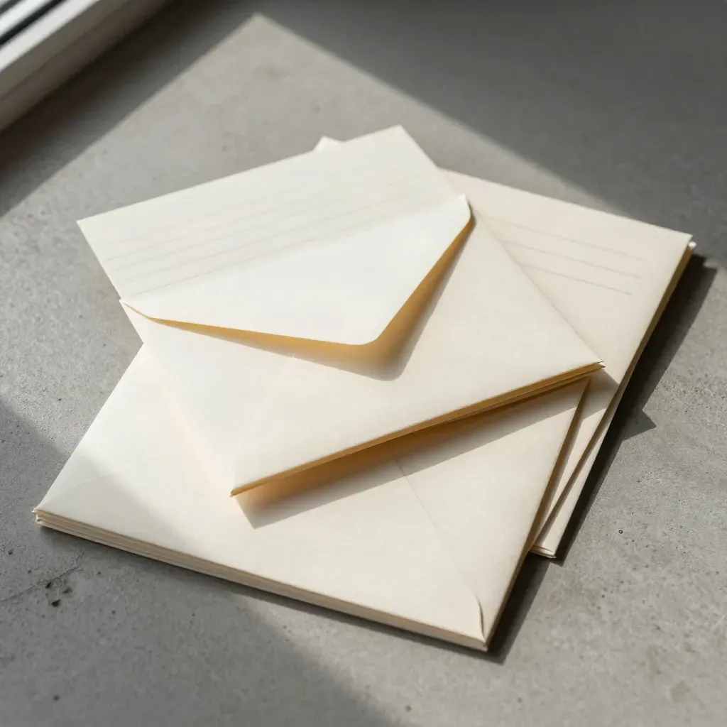 Compact sales email pack with five sealed cards, a parted envelope stack, and a folded strip on concrete.