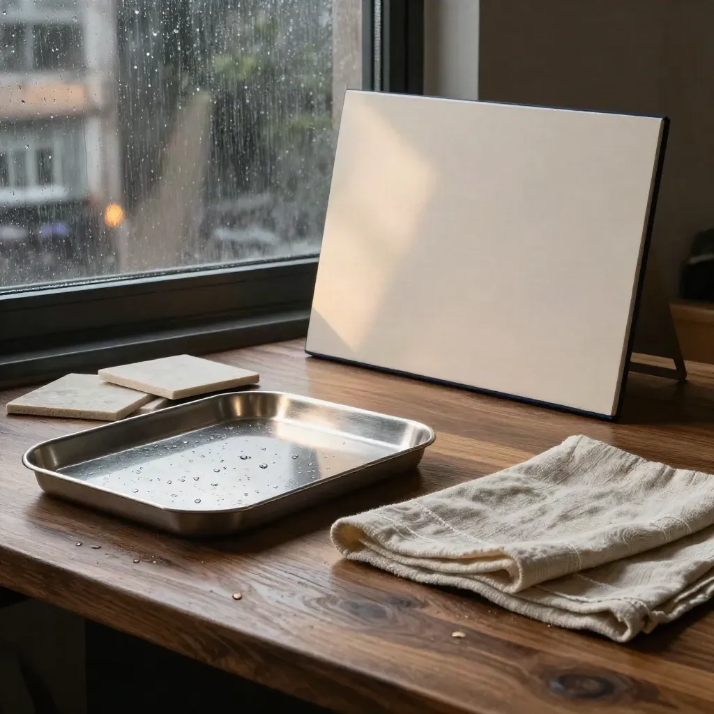 Walnut tabletop by a rainy window with linen, stone samples and a brushed tray.